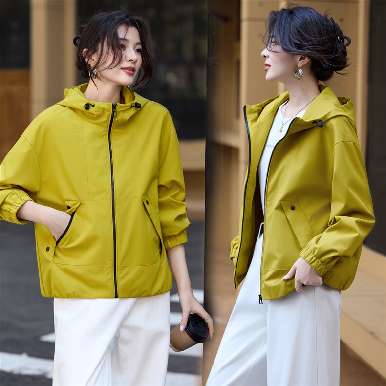 2026年春季新款宽松连帽纯色短外套夹克，女装短外套，简韵佳