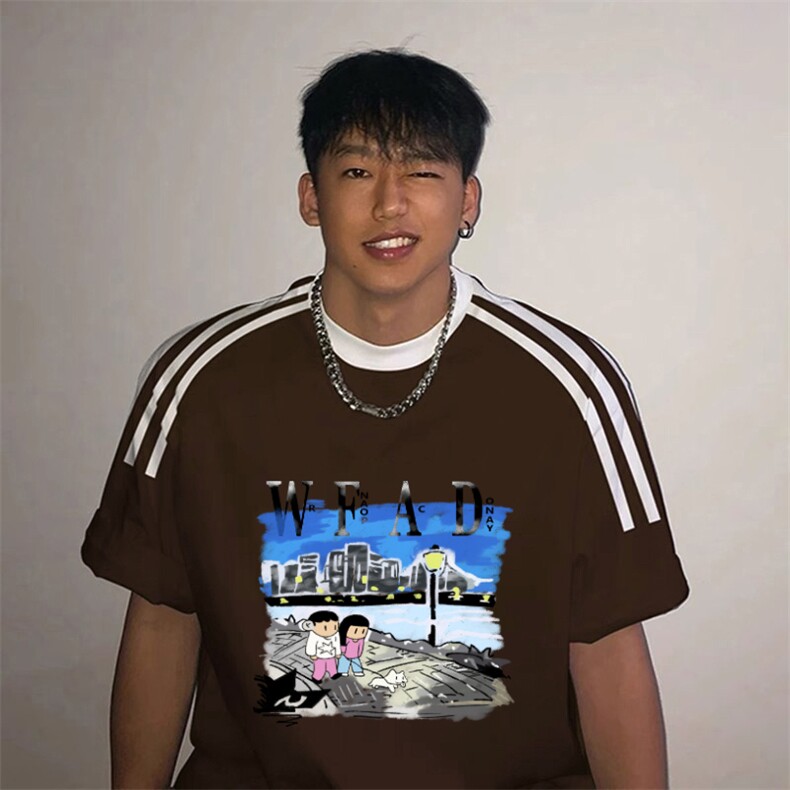 夏季美式高街重磅纯棉三条杠织带撞色男女短袖T恤ZD526-特P30图片
