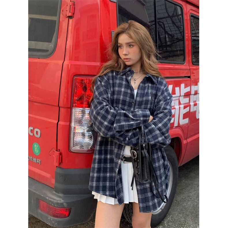 美式复古格子衬衫男女情侣春秋季新款宽松长袖衬衣情侣格纹外套,男装衬衫,星座506A