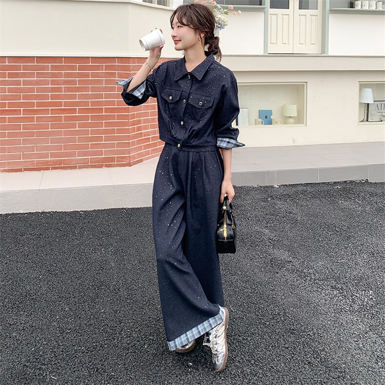 韩版减龄牛仔外套阔腿裤两件套女2025春秋新款高级感休闲显瘦套装图片