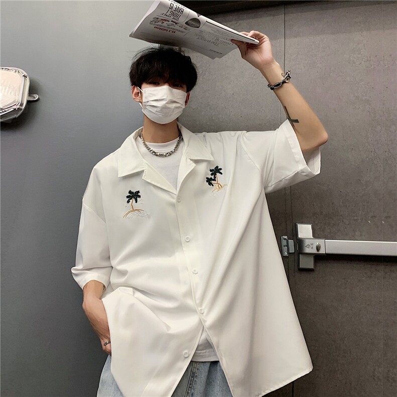 603-1-CY02-特P38控58现货纯色夏威夷椰树刺绣古巴领衬衫男短袖,男装T恤,星座403（原603-1）