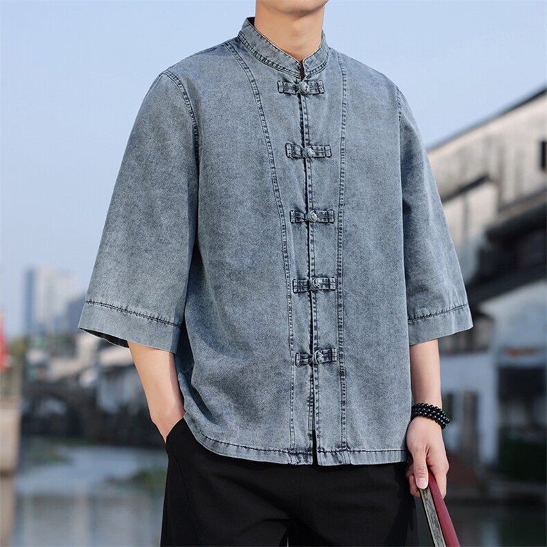 夏季牛仔七分袖衬衫盘扣立领上衣宽松大码男休闲CS2504-P7088,男装衬衫,电商A008