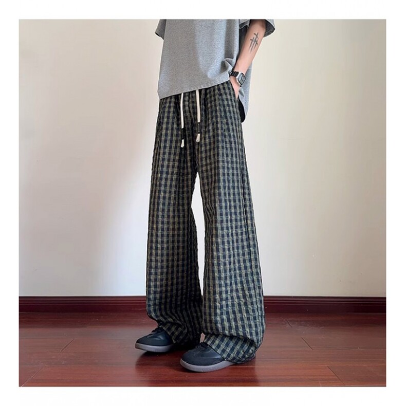 泡泡纱冰丝格子速干裤子cleanfit慵懒风垂感直筒裤k765p38，男装休闲裤，电商D315A