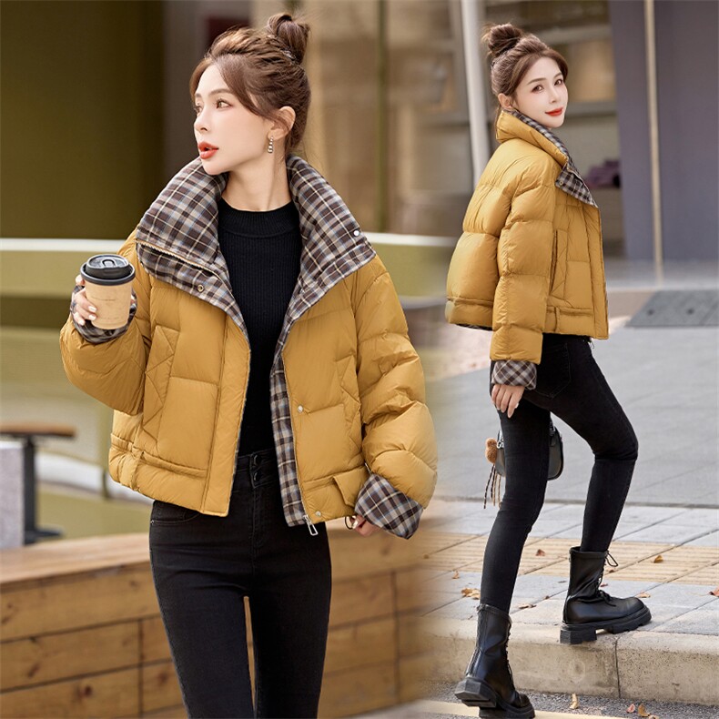 短款羽绒服女2024冬季新款小个子高级感超好看洋气拼接格子面包服,女装羽绒服,艾尚靓装