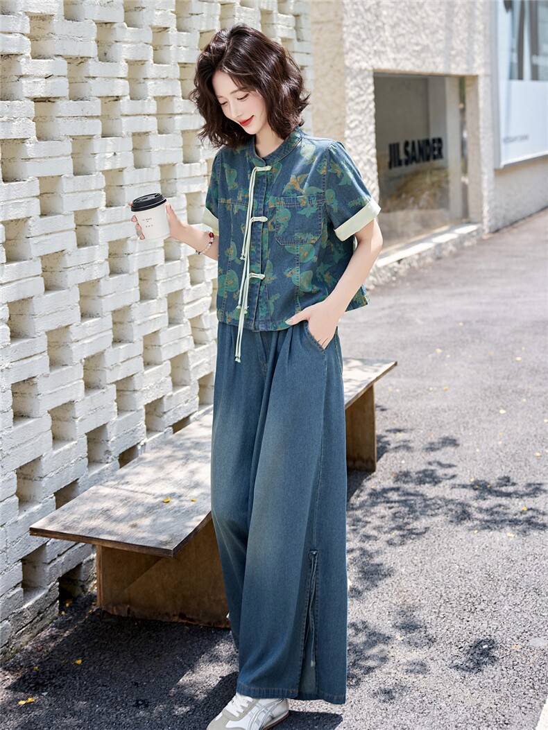 新中式国风盘扣牛仔套装女2025夏季爆款复古印花休闲时尚两件套潮,女装套装/套裙,欣品汇