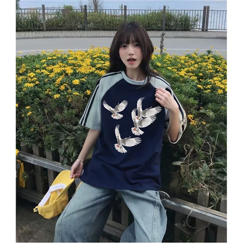 抖音得物品质二开240克宽松纯棉美式潮牌插肩三杠织带短袖T恤,男装T恤,电商A486