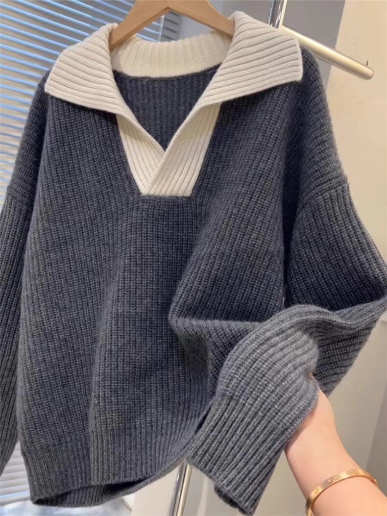 时尚百搭宽松羊毛衫女款V领显瘦保暖毛衣,女装羊毛衫,恩泰羊绒