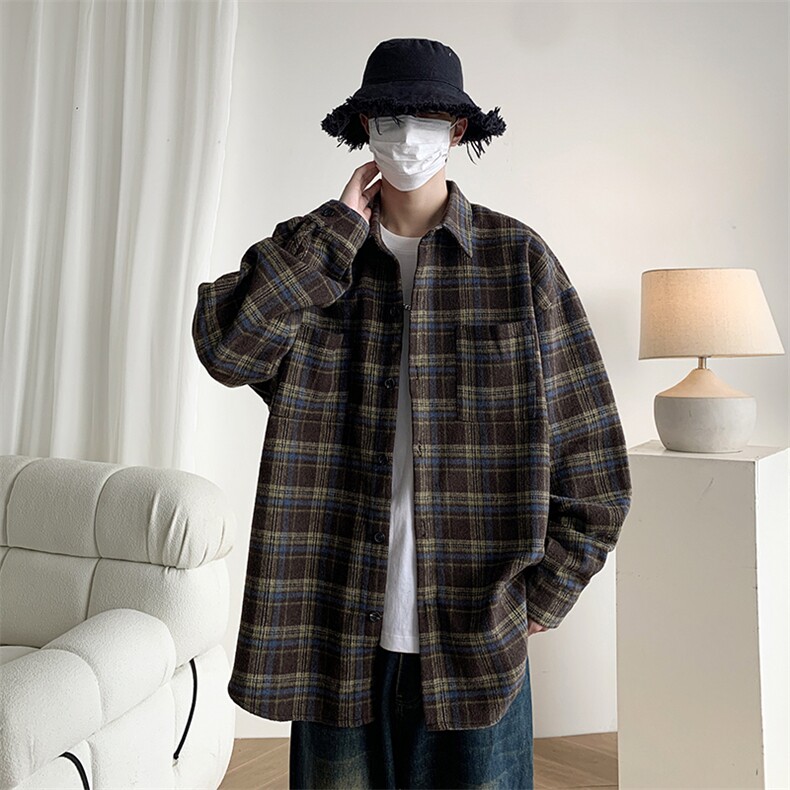 新款加厚复古格子衬衣休闲长袖衬衫外套情侣款225-2-CS711-P58,男装衬衫,星座225-2