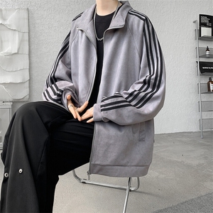 8XL-M 春季大码外套男重磅条纹麂皮绒棒球服立领夹克衫JK004P75图片