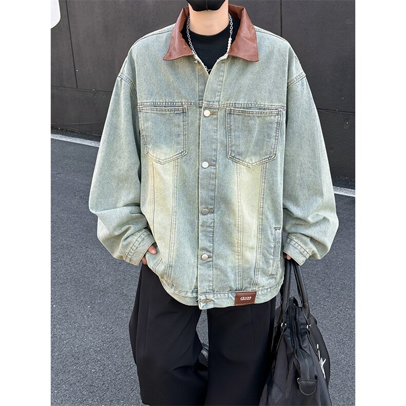 美式复古pu皮拼接牛仔外套男潮牌街头宽松工装夹克JK02576-P70,男装工装外套,星座308B-2