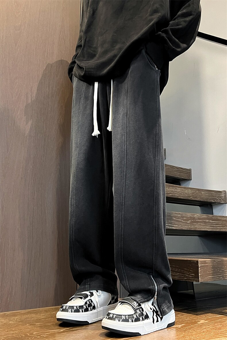 港风重工绣花华棉拖地裤宽松休闲开叉拉链长裤男K23311-P55,男装休闲裤,星座717