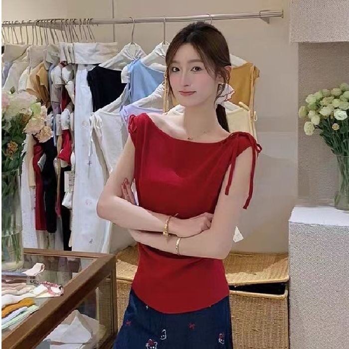辣妹露肩短袖T恤女新款设计感斜肩系带修身短款上衣,男装针织衫/毛衣,星座1210-1