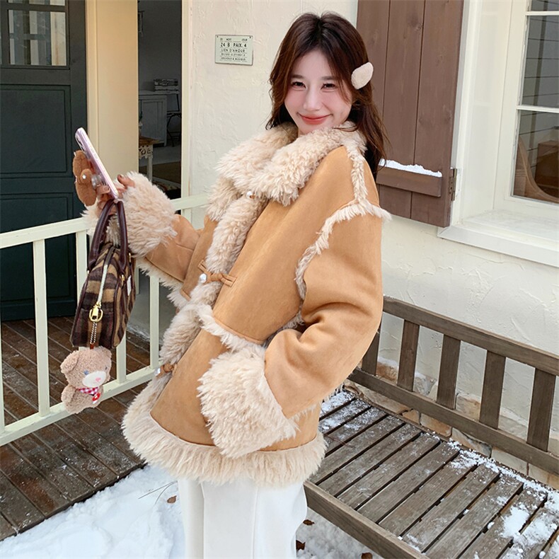麂皮绒皮毛一体羊羔毛外套女2024冬新款时尚宽松毛茸茸机车服棉服,女装羊羔毛/颗粒绒,秋水欣儿