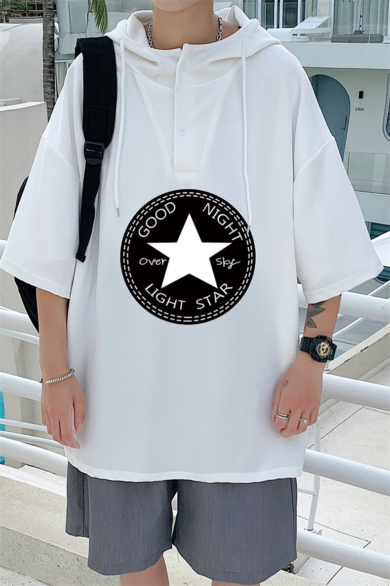 LD54008-P45连帽短袖t恤男大码胖子带帽五分袖中袖,男装T恤,电商A040