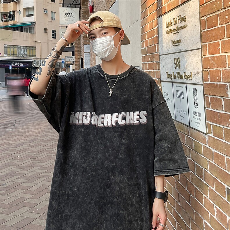 B239-1132-P38美式字母印花复古水洗做旧落肩袖短袖T恤上衣,男装T恤,星座514-2(原B239)