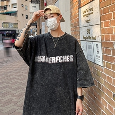 B239-1132-P38美式字母印花复古水洗做旧落肩袖短袖T恤上衣，男装T恤，星座514-2(原B239)