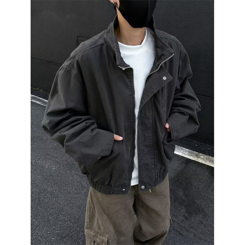 美式复古卡其立领工装夹克cleanfit高级感短宽巴恩风外套jk173p65,男装夹克,电商D315