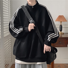 秋季380克全棉宽松条纹拉链套头卫衣立领POLO衫外套AH914-P42，男装Polo衫，四季星座610B