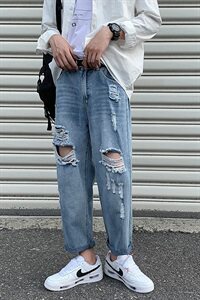 20新款港风男士破洞宽松乞丐毛边牛仔裤阔腿裤女中性B图片