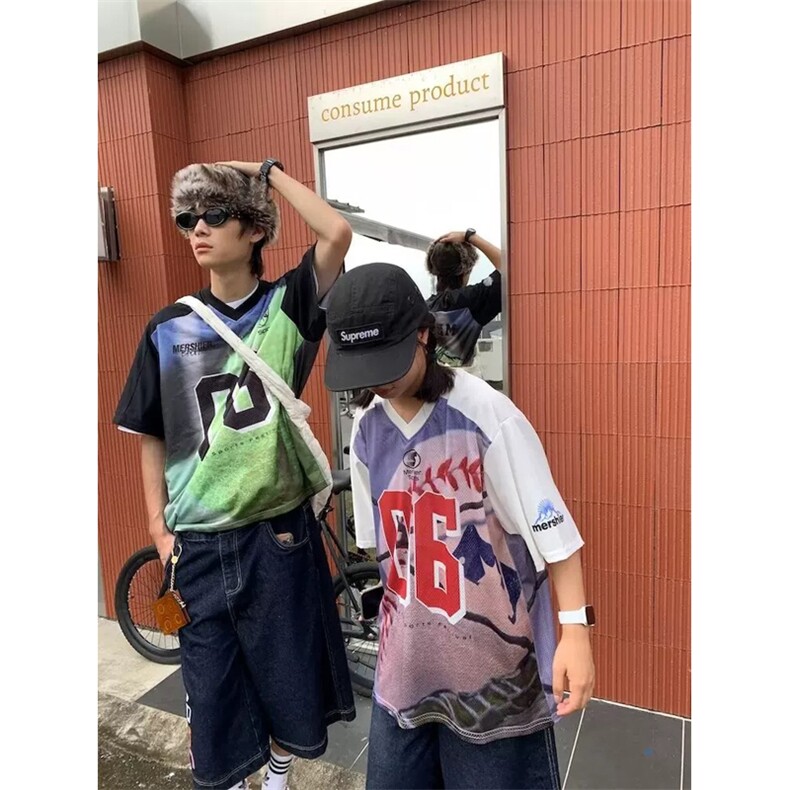 网图有货夏季美式复古球衣短袖T恤男女休闲运动v领上衣A604-P28,男装T恤,星座1505