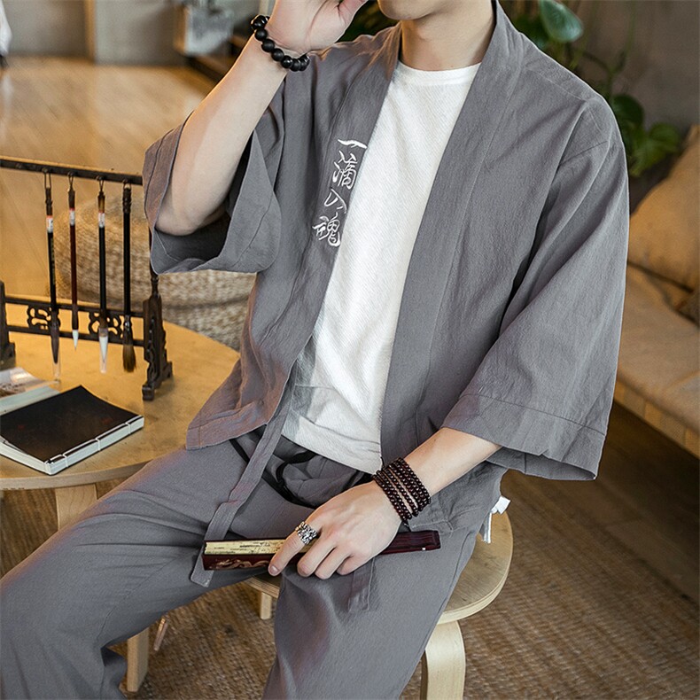 夏季大码风棉麻套装两件套i情侣款汉服开衫防晒TZ01/P85，男装休闲套装，钱塘713