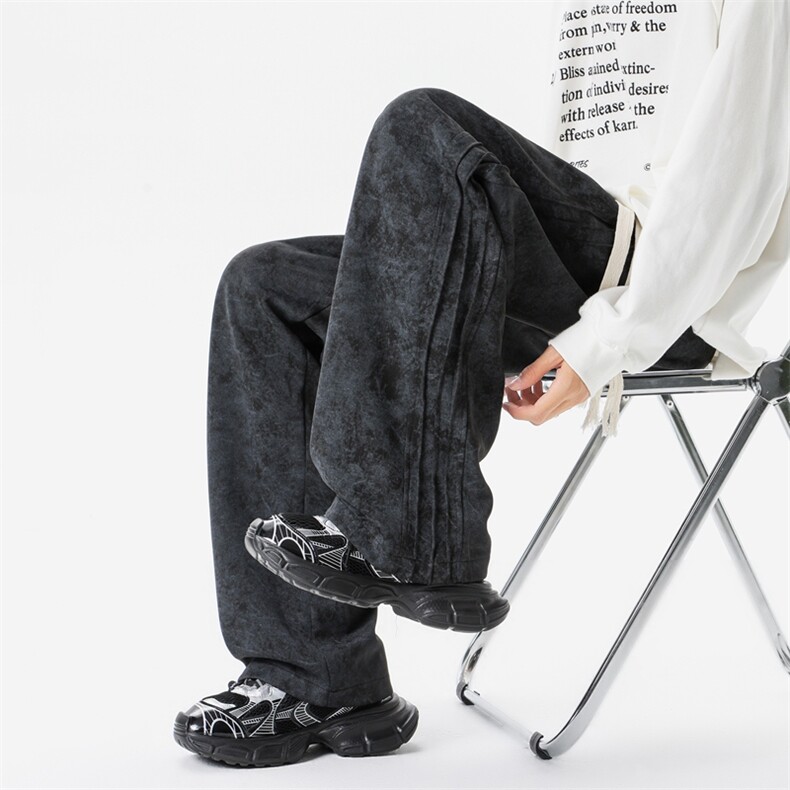 扎染重磅运动裤子男冬季加绒加厚胖子加肥加大码春秋宽松直筒长裤图片