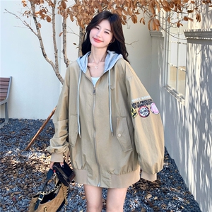针织连帽拼接工装碎花宽松卡其色外套女春秋2025新款小个子巨好看图片