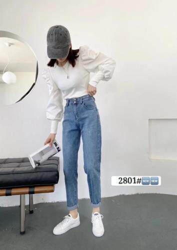 现货字母松紧腰弹力休闲牛仔裤SMLⅪ，女装牛仔裤，简 影