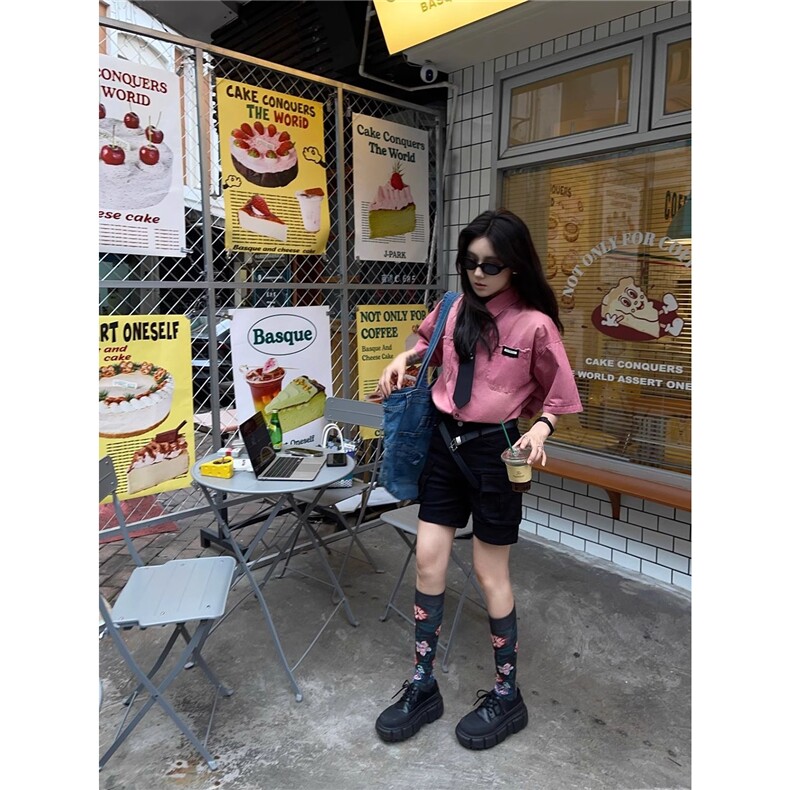 新款水洗复古领带装饰渐变做旧短袖衬衫夏男女同款宽松休闲衬衣,男装T恤,星座506A