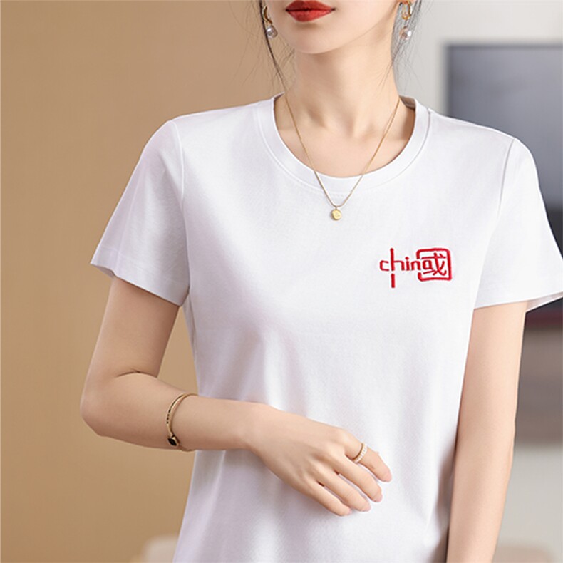 2025新款纯棉宽松双面丝光棉刺绣T恤女短袖纯色百搭,女装T恤,元素羊绒