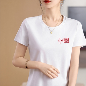 2025新款纯棉宽松双面丝光棉刺绣T恤女短袖纯色百搭图片