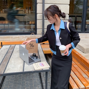 两件套裙子套装女2023春季新款韩版气质时尚衬衫拼接短款西装外套图片