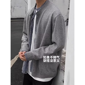 秋冬慵懒风简约百搭重磅毛衣男长袖宽松休闲情侣圆领针织开衫图片