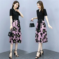 2022夏季新款简约时尚优雅气质V领个性蝴蝶结系带装饰两件套裙，女装套装/套裙，岚衣(原川流布茜）