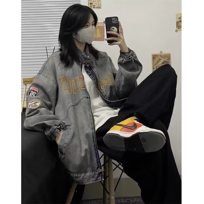 水洗做旧牛仔外套男女2024新款立领春季港风复古宽松夹克 JW1216图片