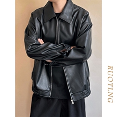 W639-P66痞帅Pu皮衣小众设计感潮牌双拉链垫肩皮夹克男机车服，男装皮衣，电商B323A