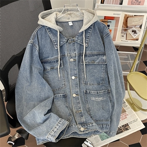 春款男牛仔夹克衫连帽工装大口袋字母印花外套JK027P75