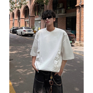 夏季2025年新款拼接口袋短袖T恤男女同款宽松美式oversize 特P42图片