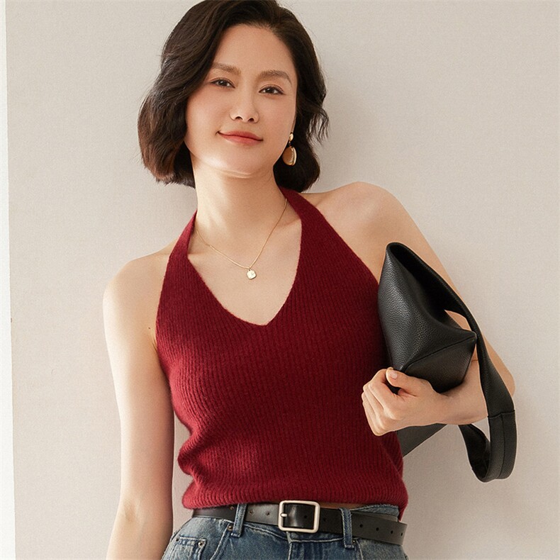 秋冬新款上新无袖挂脖衫女气质纯色山打底衫短款露背背心,女装背心吊带,尚达羊绒
