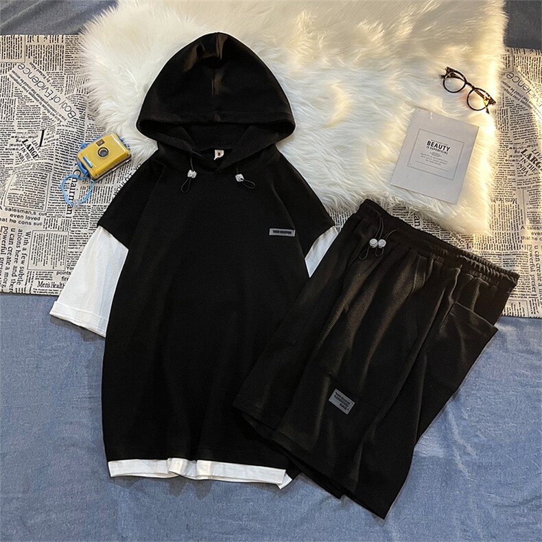 港风平铺休闲简约运动两件套男宽松大码连帽套装潮TZ78p98限138,男装休闲套装,电商A089-1