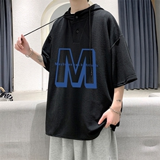 LD54260-P45连帽短袖t恤男大码胖子带帽五分袖中袖大皂风，男装T恤，电商A040