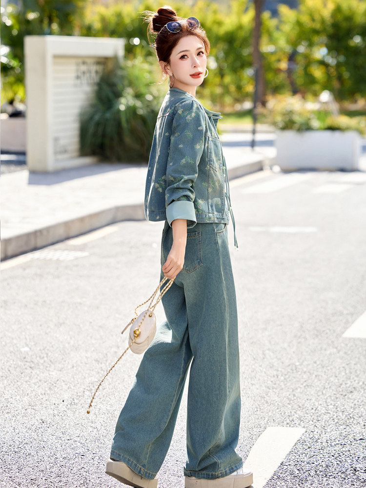 新中式国风印花牛仔时尚套装女2025春季新款复古盘扣气质两件套潮,女装套装/套裙,欣品汇