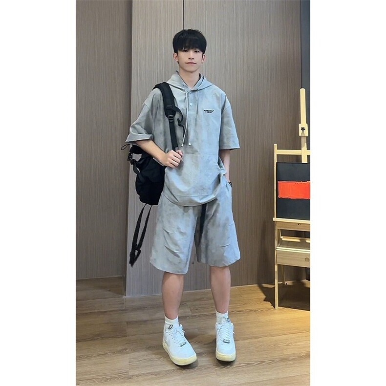 现货抖音品质运动套装扎染连帽短袖短裤一整套TZ507P60,男装牛仔裤,星座1904A