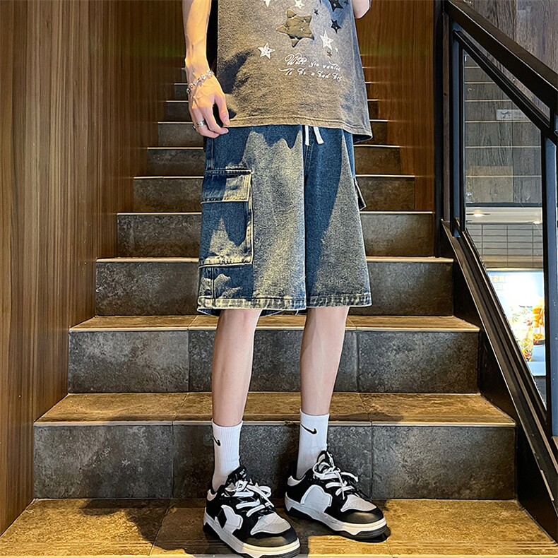 抖音品质大口袋工装牛仔短裤中性直筒中裤313A-1-NZ045-P45控58,男装牛仔裤,星座808A-1