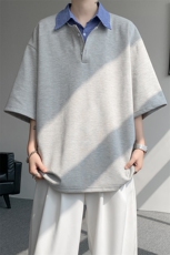 8XL-M格纹拼接假两件短袖t恤大码美式重磅polo翻领半袖DX1218/P48，男装T恤，电商B238