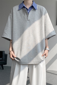 8XL-M格纹拼接假两件短袖t恤大码美式重磅polo翻领半袖DX1218/P48图片