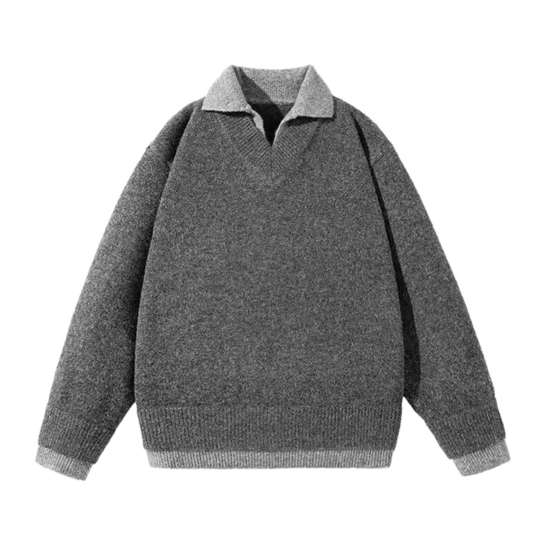 重磅北极绒假两件衬衫领毛衣美式高街复古休闲慵懒纯色翻领针织衫，男装针织衫/毛衣，电商A486