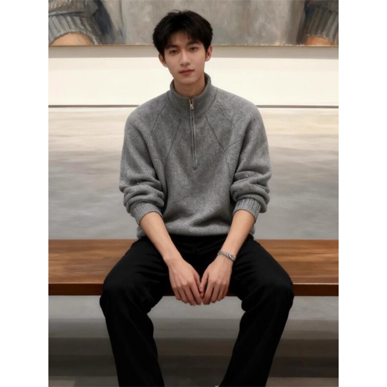 半拉链拼接设计针织衫男款基础百搭打底衫慵懒风松弛感毛衣M690,男装T恤,星座516A