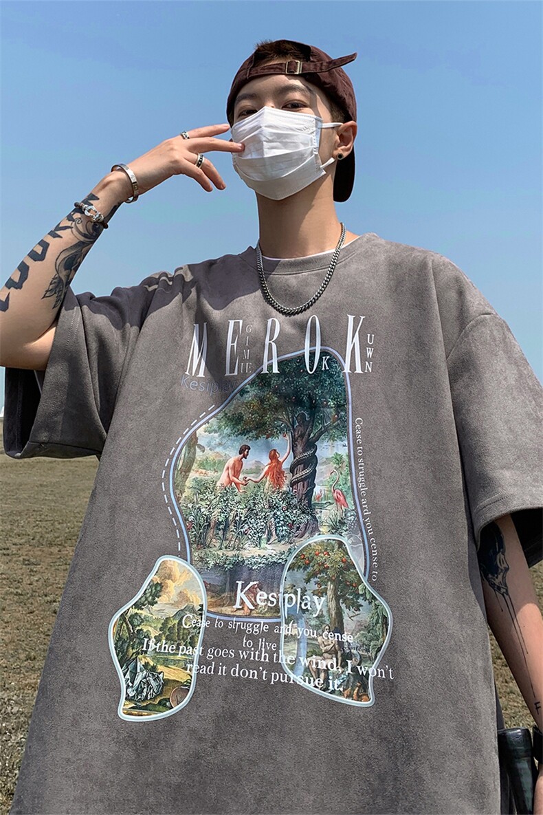 重磅220克XT3056-TP35控48港风潮流个性印花宽松大码T恤五分袖,男装T恤,电商A102-1