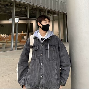 痞帅牛仔夹克男春秋潮牌ins连帽宽松百搭外套潮假两件上衣 JK1181图片